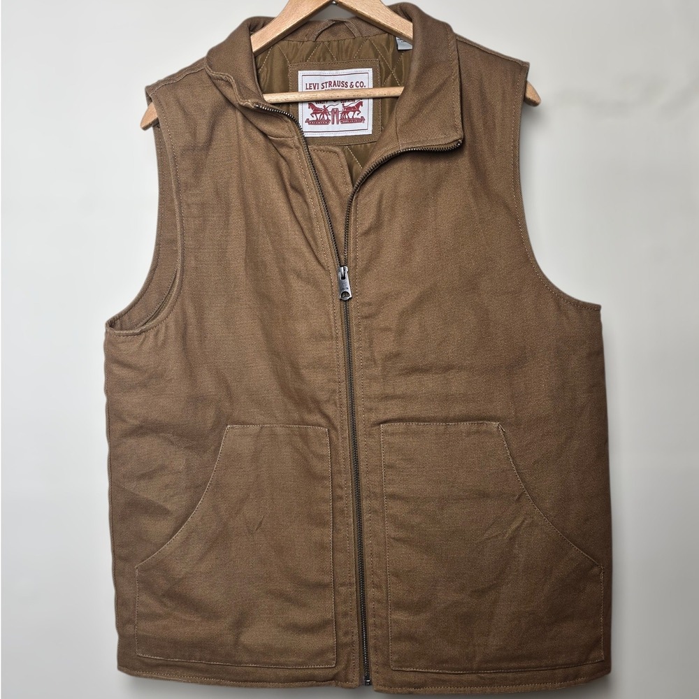 Levi Strauss & Co Mens Brown Quilted Utility Vest Full‎ Zip Collar Workwear  S/P